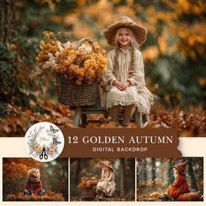 Può includere: Una bambina con un vestito color crema e un cappello di paglia è seduta su una piccola panchina accanto a un cesto di vimini pieno di fiori gialli. L'immagine è etichettata come "12 GOLDEN AUTUMN DIGITAL BACKDROP".