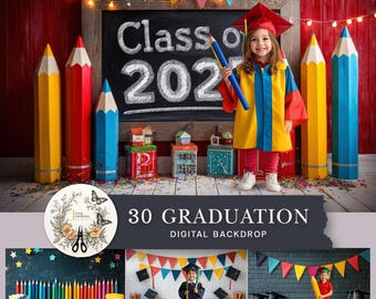 Toile de fond lumineuse de remise des diplômes avec crayons, tableau, bannières - Décoration murale colorée pour une fête d'école ou un photomaton