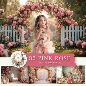 Romantic Pink Rose Garden digital Backdrops for Children and Portrait Photography Arch, Fence, Floral Picnic, Frame Scene background bundle