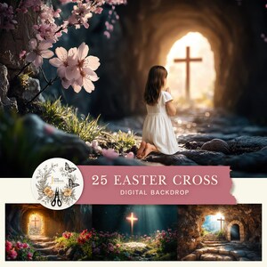 May include: A digital backdrop featuring a young girl kneeling in front of a cross in a cave. The cave is lit by a bright light coming from the opening. The girl is wearing a white dress and has her hands clasped in prayer. The backdrop is perfect for Easter photos.