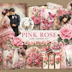 Pacote de diário lixo rosa rosa: kit de diário lixo diy, páginas de diário floral efêmera imprimível, álbum de recortes, papel digital, artesanato vintage