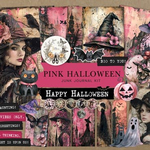 Pink Halloween Junk Journal Kit, Witch Digital Scrapbooking, Spooky Ephemera, Gothic Halloween Printables, DIY Halloween Art Journal