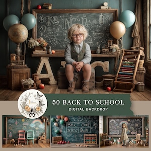 May include: A child in glasses and a waistcoat poses before a chalkboard, with the text "50 BACK TO SCHOOL DIGITAL BACKDROP". The image features balloons, an abacus, and a globe, evoking a vintage school theme.