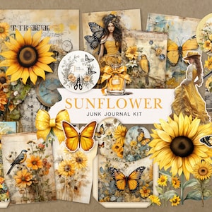 Serenidade de girassol: diários infantis feitos à mão para memórias deliciosas, scrapbooking, coisas efêmeras, floral de verão, papel digital de flores