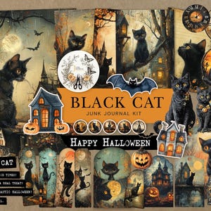 Kit de diário de Halloween Black Cat Junk, páginas para impressão, álbum de recortes vintage, itens efêmeros, papéis digitais, etiquetas, rótulos, recortes elaborados, palavras de diário.