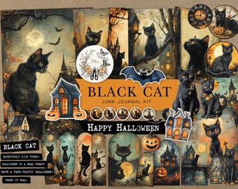 May include: A digital junk journal kit with a Halloween theme featuring black cats, pumpkins, and houses. The kit includes various images, papers, and embellishments for creating a unique journal.