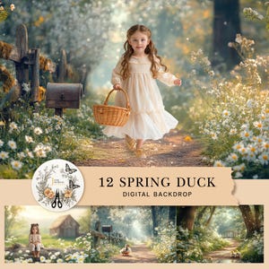Peut inclure: Une toile de fond numérique représentant une scène printanière fantaisiste avec une jeune fille marchant sur un chemin bordé de fleurs blanches. La toile de fond comprend une clôture en bois, une boîte aux lettres et un panier de fleurs. Le texte "12 SPRING DUCK DIGITAL BACKDROP" est affiché en bas de l'image.