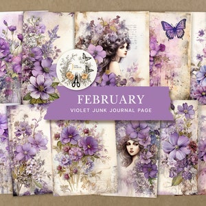 Mês de nascimento flores fevereiro-flor violeta lixo diário páginas imprimíveis para scrapbook, papel antigo coisas efêmeras vintage floral chique gasto