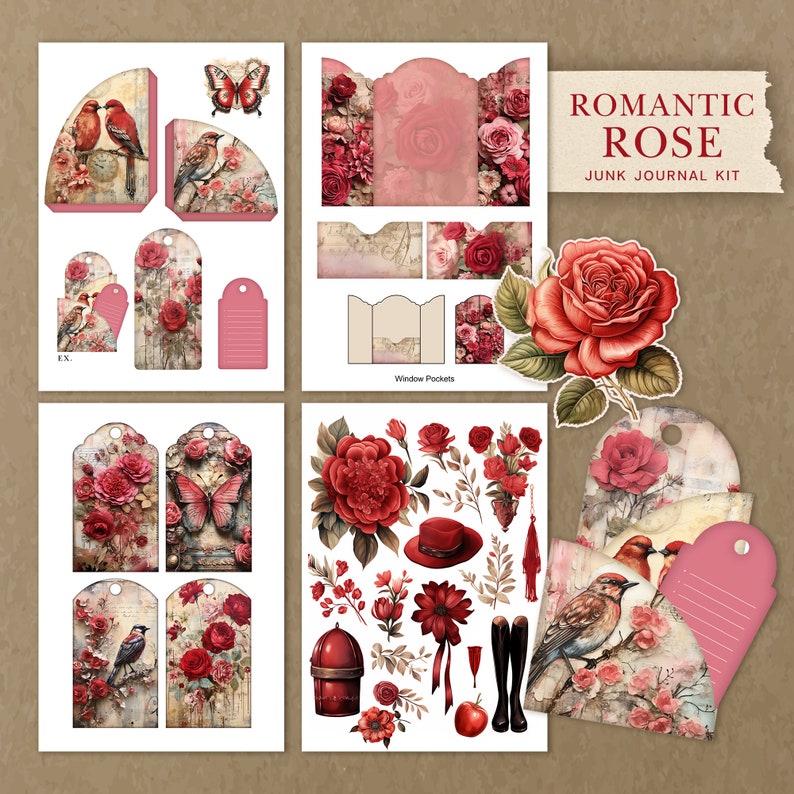 Red Rose Junk Journal Kit: Vintage Floral Ephemera (digital Download ...