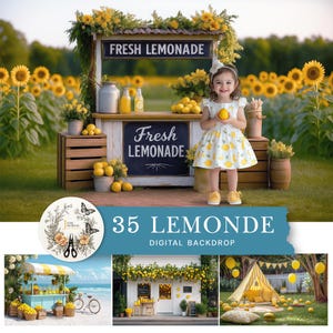 May include: A young girl in a lemon-print dress stands in front of a lemonade stand with a sign that reads "Fresh Lemonade." The stand is decorated with sunflowers and lemons. The image also includes a digital backdrop with the text "35 Lemonde Digital Backdrop."