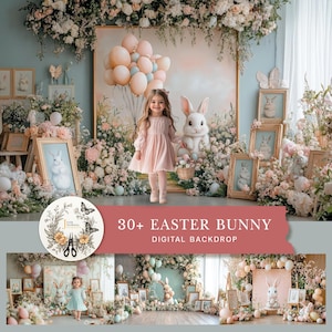 Easter Bunny Cake smash Digital, Backdrop, Spring Floral Baby Shower Background, Pastel Balloon Arch Photo Prop, Cute Rabbit Photography
