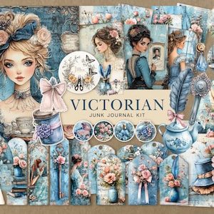 Blue Victorian Ladies Junk Journal Kit: Printable Ephemera (Digital Download)