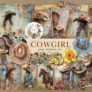 Western Cowgirl Junk Journal Kit bundle Scrapbooking, Pagine stampabili, Scrapbook vintage, Ephemera, Carte digitali, Tag, Etichetta, Fussy Cuts