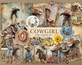 May include: A digital junk journal kit with a cowgirl theme. The kit includes images of cowgirls, horses, boots, flowers, and other western-themed elements. The kit also includes the text "Cowgirl Junk Journal Kit".