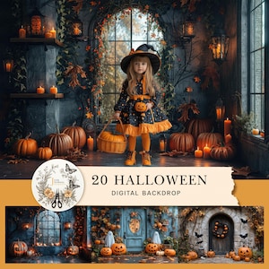 Puede incluir: Una niña vestida de bruja posa frente a un telón de fondo de Halloween con calabazas, velas y un ambiente espeluznante. La imagen incluye el texto "20 Halloween Digital Backdrop".