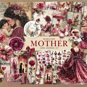 Kit carnet bordeaux Mother Junk Journal, pack éphémères aquarelle victorienne. Étiquettes imprimables en papier de scrapbooking, étiquettes roses, thé vintage, maman