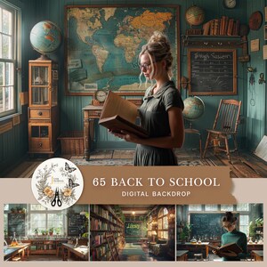 May include: A woman reads a book in a vintage library setting. The room features a large world map, globes, and antique furniture. The image includes the text "65 BACK TO SCHOOL DIGITAL BACKDROP".