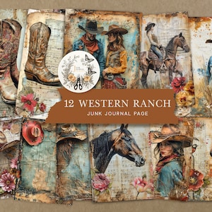 Western Ranch Junk Journal Page, Cowboy und Cowgirl Junk Journal Druckbare Seiten für Journals Scrapbook, altes Papier Digital, Ephemera Bundle