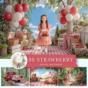 May include: A young person in a pink dress holds a basket of strawberries, surrounded by baskets, balloons, and a red and white checkered picnic blanket. The image is a digital backdrop with the text "35 STRAWBERRY DIGITAL BACKDROP".