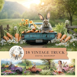 Op de afbeelding: Een blauwe vintage pick-up truck met een konijn dat in de laadbak zit. De truck is omringd door wortels en bloemen. De tekst "18 Vintage Truck Digital Backdrop" staat op de afbeelding.