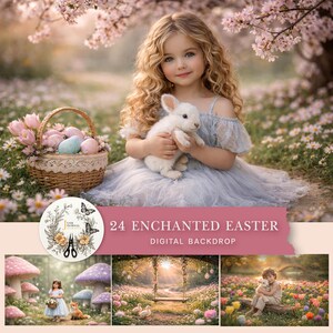 Pode incluir: Uma menina com um vestido azul claro segura um coelhinho de pelúcia branco, com uma cesta de ovos de Páscoa decorados e flores por perto. A imagem é ambientada em um campo de flores com árvores em flor ao fundo. O texto na imagem diz "24 Enchanted Easter Digital Backdrop."