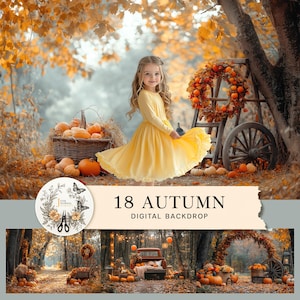 May include: A young girl in a yellow dress stands in front of a wooden wagon with a wreath of fall leaves and pumpkins. The wagon is surrounded by pumpkins and fall leaves. The background is a blurred image of a forest with fall foliage.