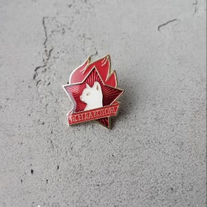 Może przedstawiać: Szpilka emaliowana w kolorze czerwonym z białą sylwetką kota w środku gwiazdy z czerwonym wzorem płomienia. Szpilka ma napis "ВСЕГДА КОТОЙ!" złotymi literami.