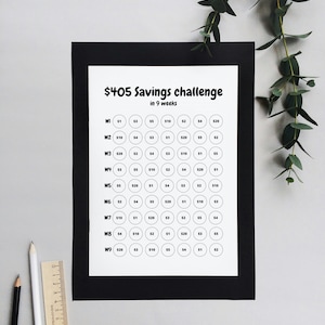 May include: A black and white printable savings challenge chart with the text "$405 Savings challenge in 9 weeks". The chart is divided into nine weeks, with each week having seven circles, each representing a different amount of money to save.