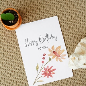 Descarga digital instantánea tarjeta de cumpleaños impresión en casa saludo gráfico imprimible lindo diseño minimalista diciendo regalos florales de cumpleaños descargables