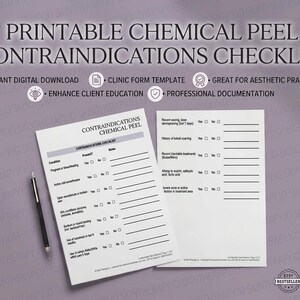 Lista de verificação de contraindicações para peeling químico | Formulário de segurança do cliente em PDF para impressão | Modelo para clínica de estética | Download imediato