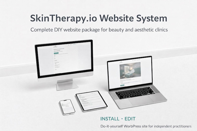Puede incluir: Una configuraci&oacute;n moderna con una computadora de escritorio, una computadora port&aacute;til, una tableta y un tel&eacute;fono inteligente, todos mostrando interfaces de sitios web. El texto "SkinTherapy.io Website System" y "Complete DIY website package for beauty and aesthetic clinics" son visibles. La frase "INSTALL &bull; EDIT" tambi&eacute;n est&aacute; presente.