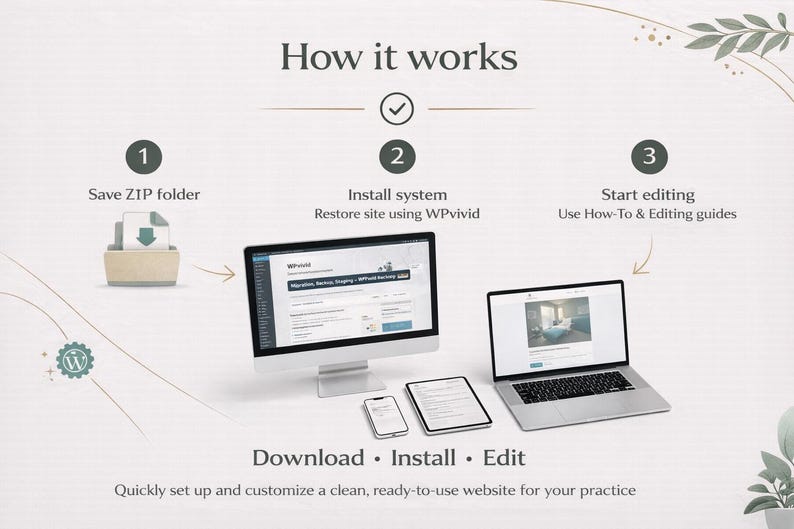 Puede incluir: Infograf&iacute;a que ilustra el proceso de configuraci&oacute;n de un sitio web. Muestra un monitor de ordenador, un port&aacute;til, una tableta y un smartphone. Los pasos son: Guardar carpeta ZIP, Instalar sistema y Empezar a editar. Texto: Descargar, Instalar, Editar.