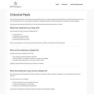 Puede incluir: Una p&aacute;gina web de SkinTherapy.io que detalla los peelings qu&iacute;micos. La p&aacute;gina enumera lo que el tratamiento puede ayudar, incluyendo el tono desigual de la piel y los problemas de pigmentaci&oacute;n de la superficie. Tambi&eacute;n especifica para qui&eacute;n es adecuado el tratamiento y para qui&eacute;n puede no serlo.
