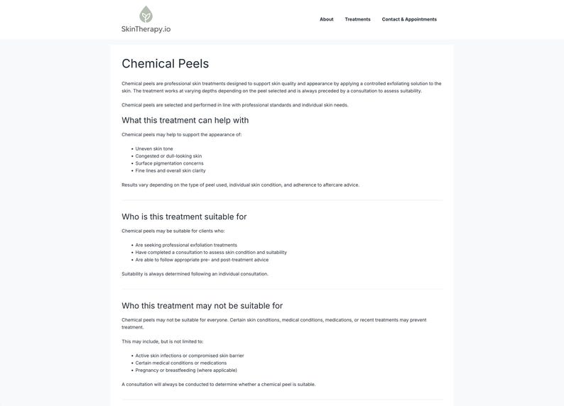 Puede incluir: Una p&aacute;gina web de SkinTherapy.io que detalla los peelings qu&iacute;micos. La p&aacute;gina enumera lo que el tratamiento puede ayudar, incluyendo el tono desigual de la piel y los problemas de pigmentaci&oacute;n de la superficie. Tambi&eacute;n especifica para qui&eacute;n es adecuado el tratamiento y para qui&eacute;n puede no serlo.