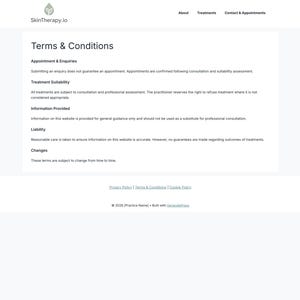 Puede incluir: Una captura de pantalla de la p&aacute;gina de "T&eacute;rminos y condiciones" del sitio web SkinTherapy.io. La p&aacute;gina detalla informaci&oacute;n sobre citas, idoneidad del tratamiento, responsabilidad y cambios. El logotipo del sitio web es visible en la parte superior.