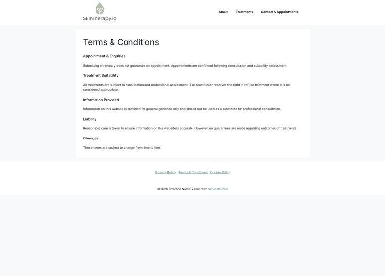 Puede incluir: Una captura de pantalla de la p&aacute;gina de "T&eacute;rminos y condiciones" del sitio web SkinTherapy.io. La p&aacute;gina detalla informaci&oacute;n sobre citas, idoneidad del tratamiento, responsabilidad y cambios. El logotipo del sitio web es visible en la parte superior.