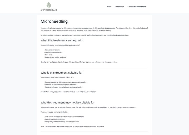 Puede incluir: Una p&aacute;gina web de SkinTherapy.io que detalla los tratamientos de microneedling. La p&aacute;gina incluye informaci&oacute;n sobre qu&eacute; puede ayudar el tratamiento, como la textura desigual de la piel y las l&iacute;neas finas, y para qui&eacute;n es adecuado.