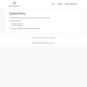 Puede incluir: P&aacute;gina web que muestra una "Pol&iacute;tica de cookies" que explica c&oacute;mo se utilizan las cookies para mejorar la funcionalidad. El logotipo del sitio web est&aacute; en la parte superior izquierda. Enlaces a la pol&iacute;tica de privacidad y los t&eacute;rminos.