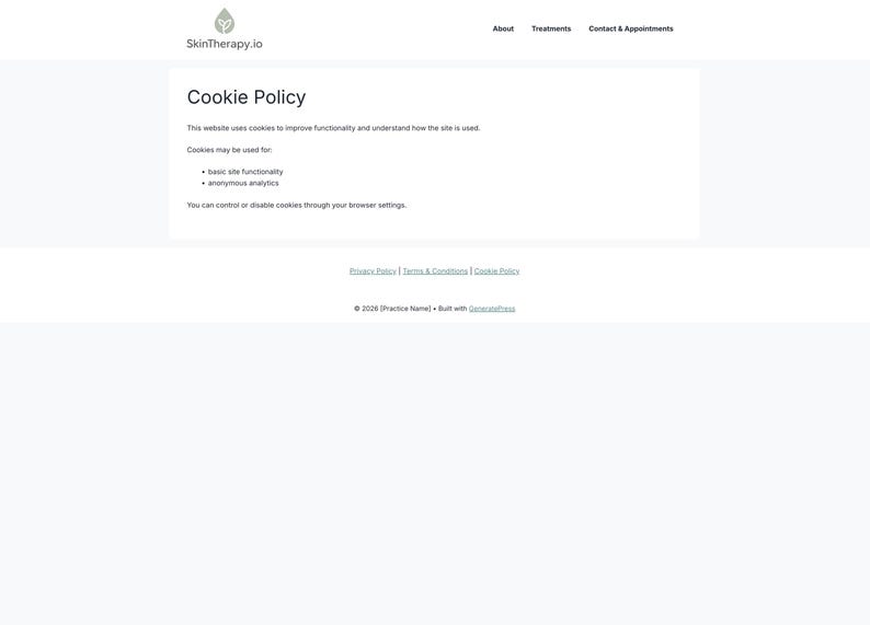 Puede incluir: P&aacute;gina web que muestra una "Pol&iacute;tica de cookies" que explica c&oacute;mo se utilizan las cookies para mejorar la funcionalidad. El logotipo del sitio web est&aacute; en la parte superior izquierda. Enlaces a la pol&iacute;tica de privacidad y los t&eacute;rminos.