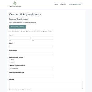 Puede incluir: P&aacute;gina web "Contacto y Citas" de SkinTherapy.io. Presenta un formulario para reservar citas, con campos para nombre, correo electr&oacute;nico, n&uacute;mero de tel&eacute;fono y m&eacute;todo de contacto preferido. Un bot&oacute;n dice "Insert booking link here".