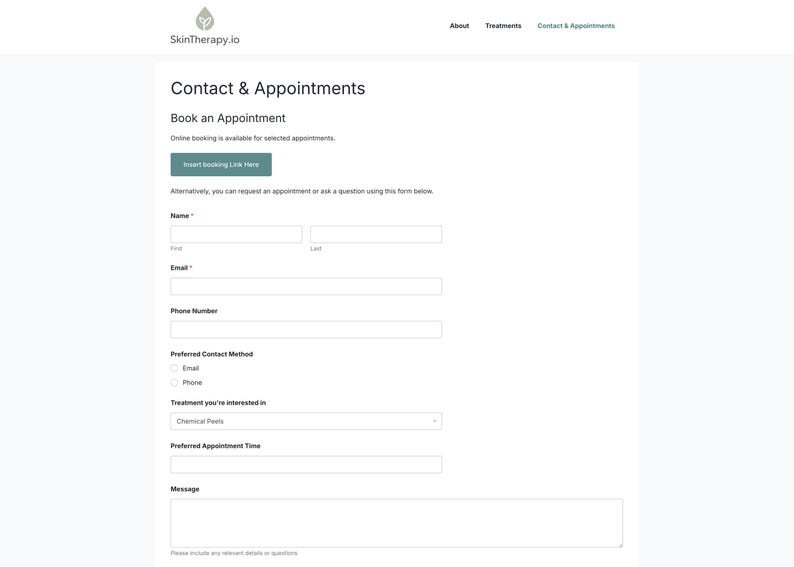 Puede incluir: P&aacute;gina web "Contacto y Citas" de SkinTherapy.io. Presenta un formulario para reservar citas, con campos para nombre, correo electr&oacute;nico, n&uacute;mero de tel&eacute;fono y m&eacute;todo de contacto preferido. Un bot&oacute;n dice "Insert booking link here".