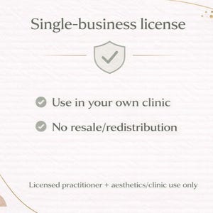Puede incluir: Gr&aacute;fico beige claro con el texto "Licencia de negocio &uacute;nico". Incluye un icono de escudo con una marca de verificaci&oacute;n y las frases "Uso en su propia cl&iacute;nica" y "Sin reventa/redistribuci&oacute;n".
