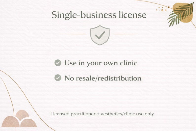 Puede incluir: Gr&aacute;fico beige claro con el texto "Licencia de negocio &uacute;nico". Incluye un icono de escudo con una marca de verificaci&oacute;n y las frases "Uso en su propia cl&iacute;nica" y "Sin reventa/redistribuci&oacute;n".
