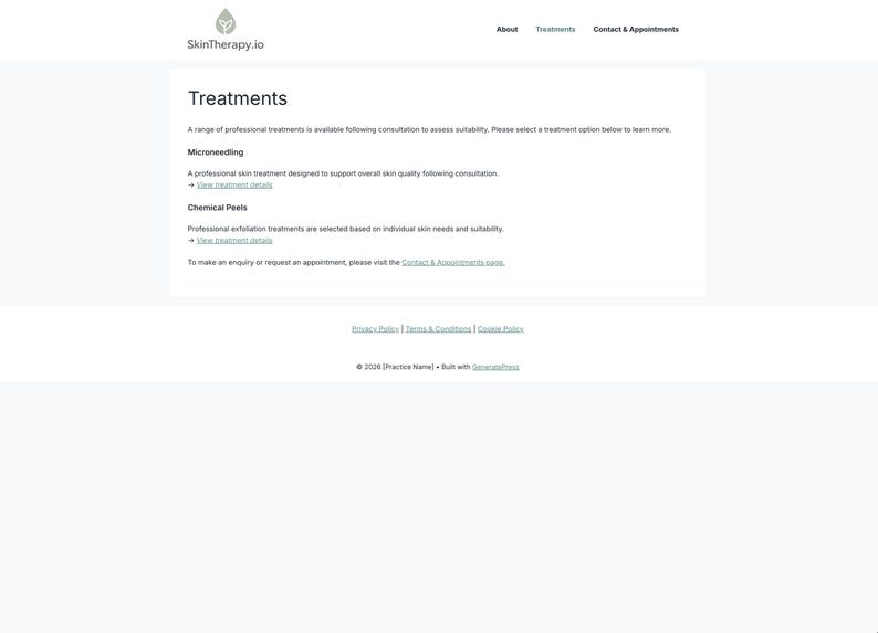 Puede incluir: Captura de pantalla de un sitio web para SkinTherapy.io, con fondo blanco y texto. La p&aacute;gina se titula "Tratamientos" y enumera Microneedling y Peelings Qu&iacute;micos. La navegaci&oacute;n superior incluye "Acerca de", "Tratamientos" y "Contacto y citas".
