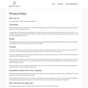 Puede incluir: P&aacute;gina web de "Pol&iacute;tica de privacidad" de SkinTherapy.io. Describe las pr&aacute;cticas de recopilaci&oacute;n de datos del sitio web, incluidos comentarios, medios, cookies y contenido incrustado de otros sitios web. Tambi&eacute;n detalla con qui&eacute;n comparte datos el sitio web.