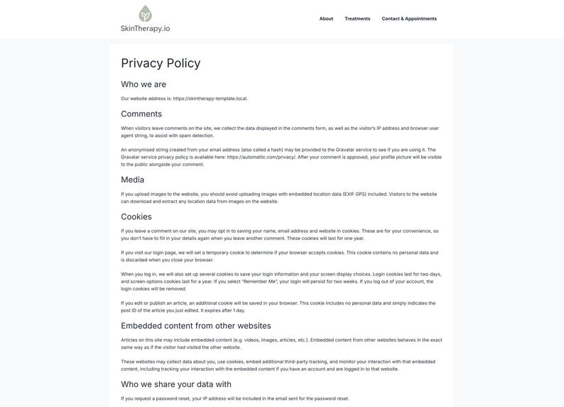 Puede incluir: P&aacute;gina web de "Pol&iacute;tica de privacidad" de SkinTherapy.io. Describe las pr&aacute;cticas de recopilaci&oacute;n de datos del sitio web, incluidos comentarios, medios, cookies y contenido incrustado de otros sitios web. Tambi&eacute;n detalla con qui&eacute;n comparte datos el sitio web.