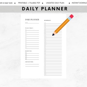 Puede incluir: Un planificador diario imprimible con un diseño en blanco y negro. El planificador incluye secciones para "Para hacer hoy", "Prioridades" e "Inspiraciones". También hay una sección de horario con franjas horarias de 6:00 AM a 10:00 PM.
