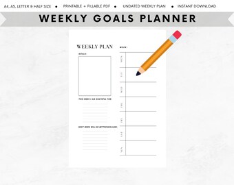Puede incluir: Un planificador semanal de objetivos imprimible con un diseño en blanco y negro. El planificador incluye secciones para objetivos, gratitud y reflexiones sobre la semana. El planificador no está fechado y se puede utilizar para cualquier semana del año.