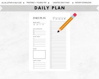 May include: A printable daily planner with a black and white design. The planner includes sections for mood, top 3 priorities, to do today, notes, and today's food. The planner also includes a section for the date and weather icons for sun, clouds, rain, and snow.