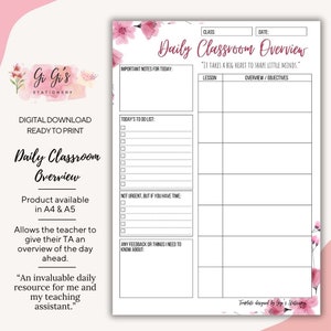 Puede incluir: Una plantilla de resumen de clase para descargar digitalmente con un diseño floral. El planificador imprimible incluye secciones para notas, listas de tareas y planificación de lecciones. El texto dice "Daily Classroom Overview" y "It takes a big heart to shape little minds."